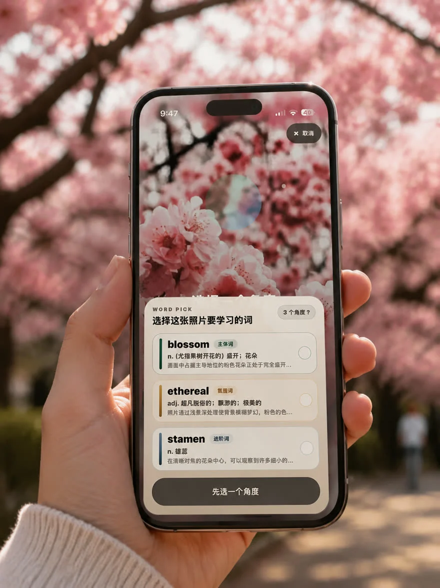 樱花树下手持 iPhone 使用拾词